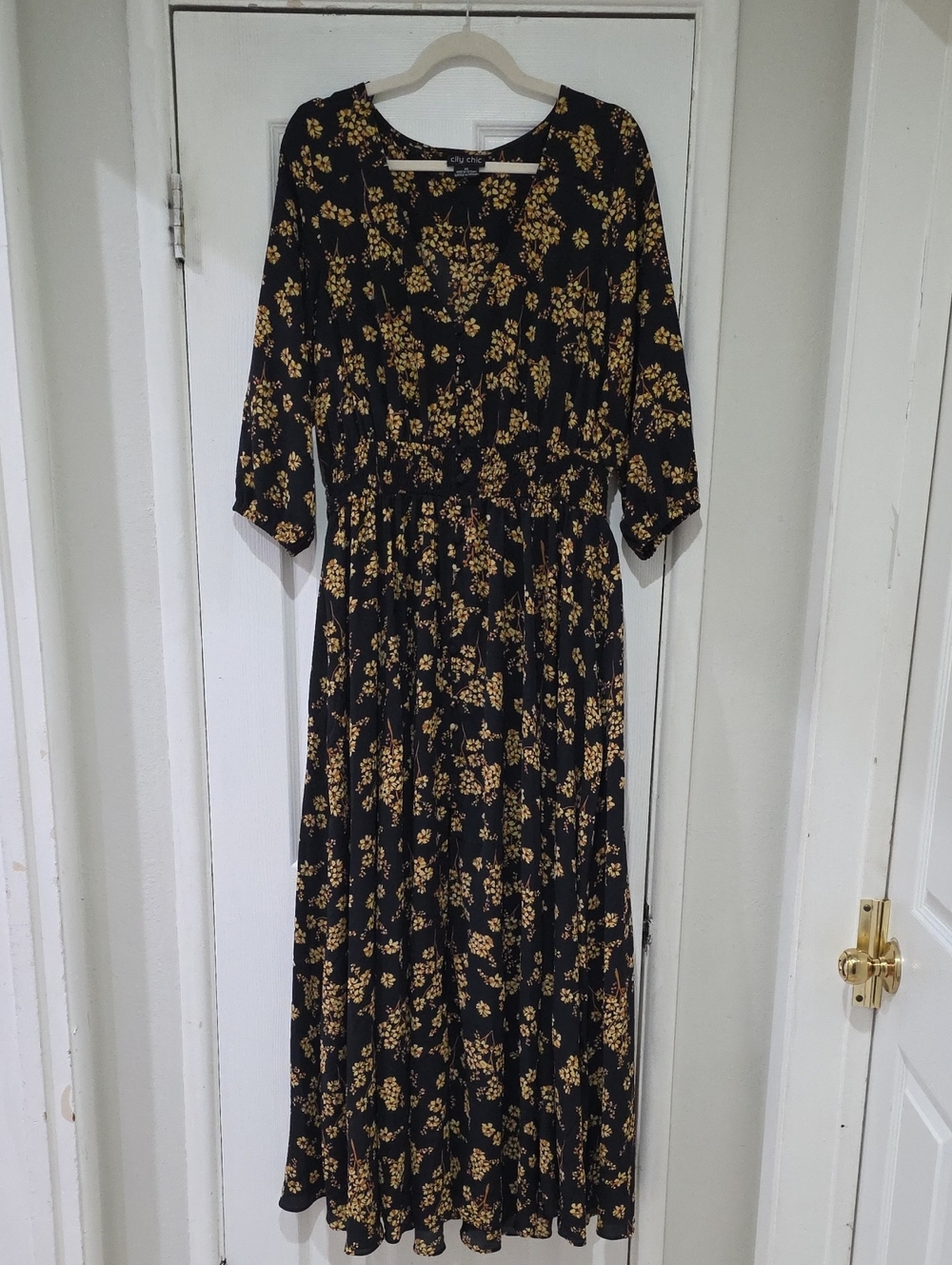 City Chic Black Maxi Dress with Yellow Floral Print